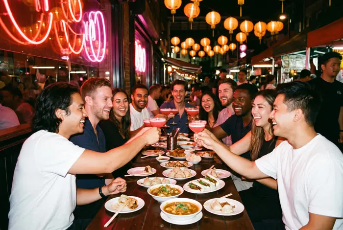 A group of friends toasting with pink cocktails at a long table of shared plates