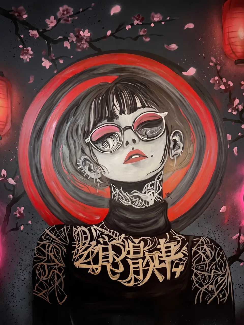 Hand-painted mural of a girl with a black bob and pink round glasses who dances, bites her lip and peers over her glasses